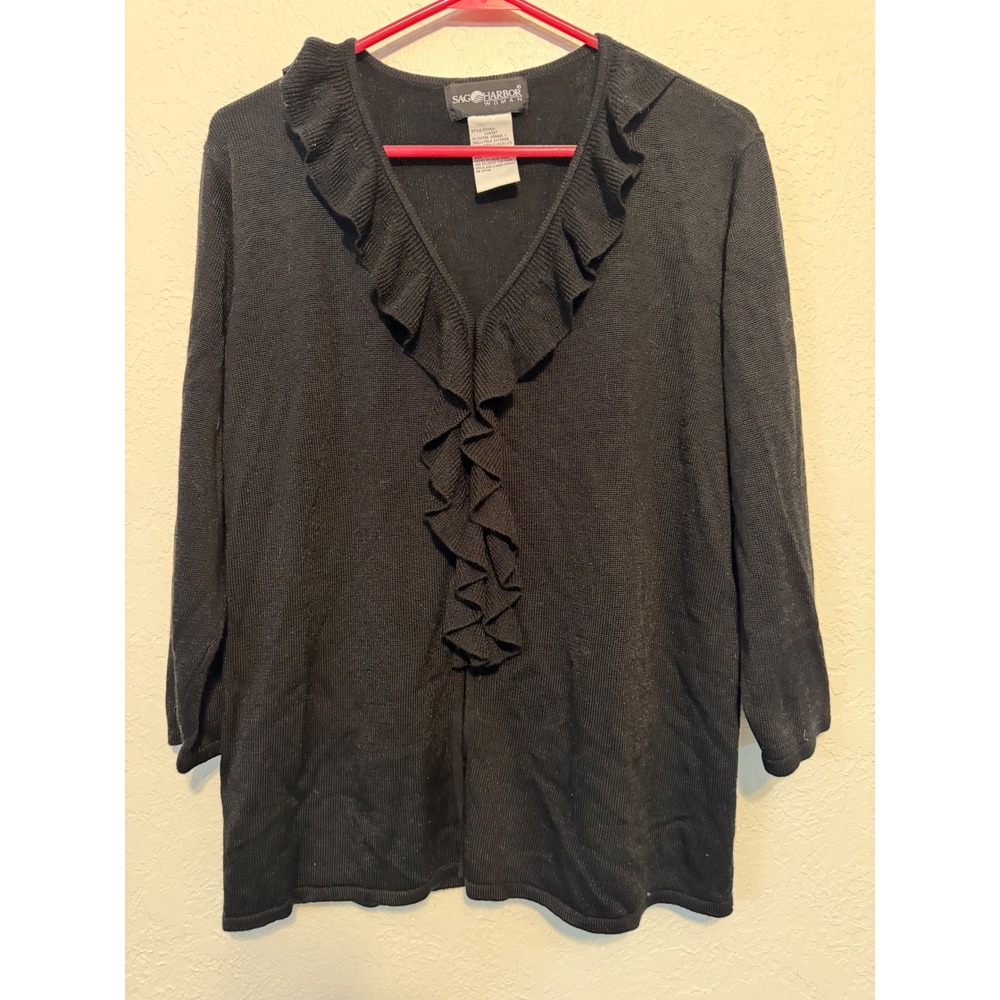 Sag Harbor Woman Black Ruffle Trim Open Front Cardigan Sweater 1X F24307